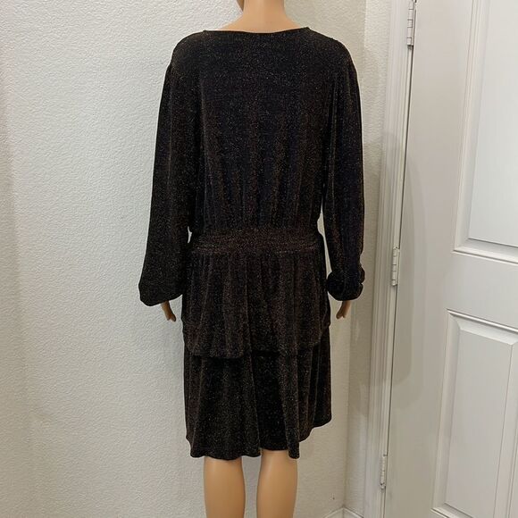 Michael Kors Womans Dress Sz 0X Bwown Gold VNeck Long Sleeve Ruffle Midi Stretch - Picture 8 of 11